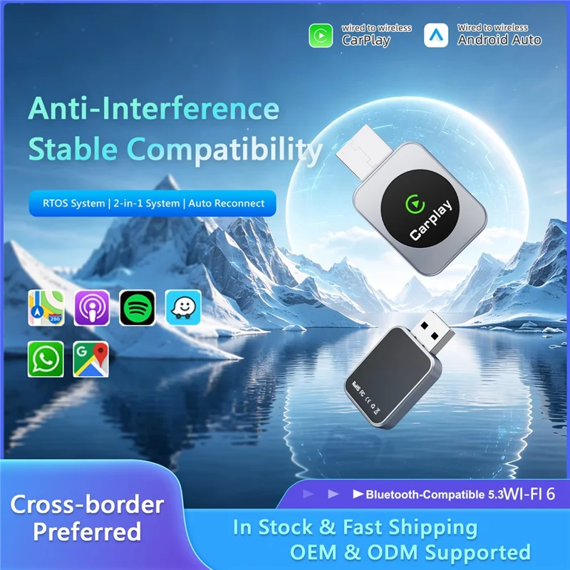 CU105 2-in-1 Wireless CarPlay Adapter 5GHz WiFi Bluetooth-compatible 5.3 Android Auto Wired to Wireless USB Dongle for Car - Black