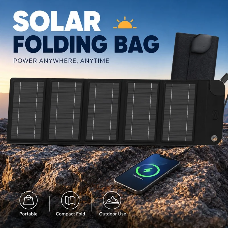 12W Solar Panel Charger 5-Fold Portable Solar Power Bank with USB-C Output for Outdoor Camping - Black