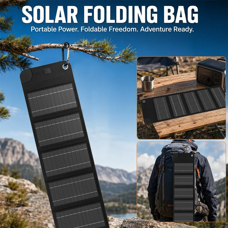 12W Solar Panel Charger 5-Fold Portable Solar Power Bank with USB-C Output for Outdoor Camping - Black