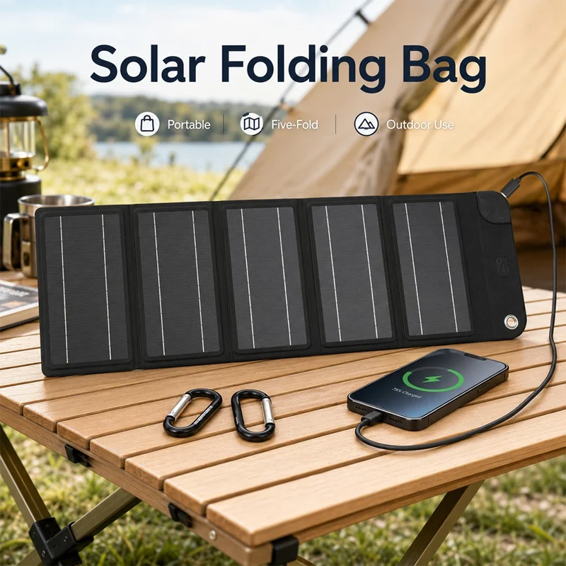 12W Solar Panel Charger 5-Fold Portable Solar Power Bank with USB-C Output for Outdoor Camping - Black