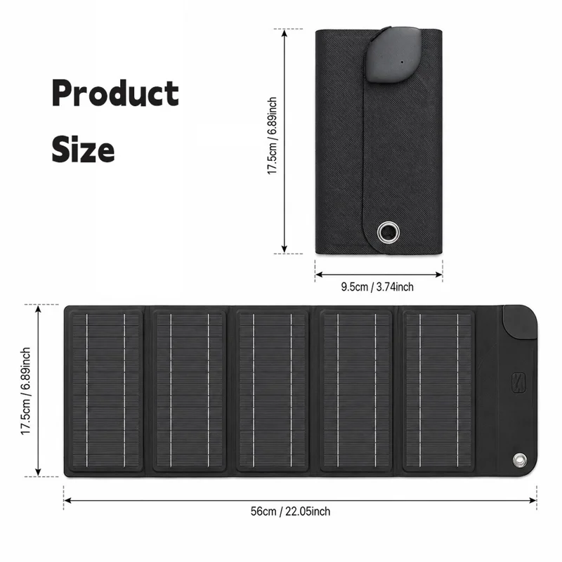 12W Solar Panel Charger 5-Fold Portable Solar Power Bank with USB-C Output for Outdoor Camping - Black