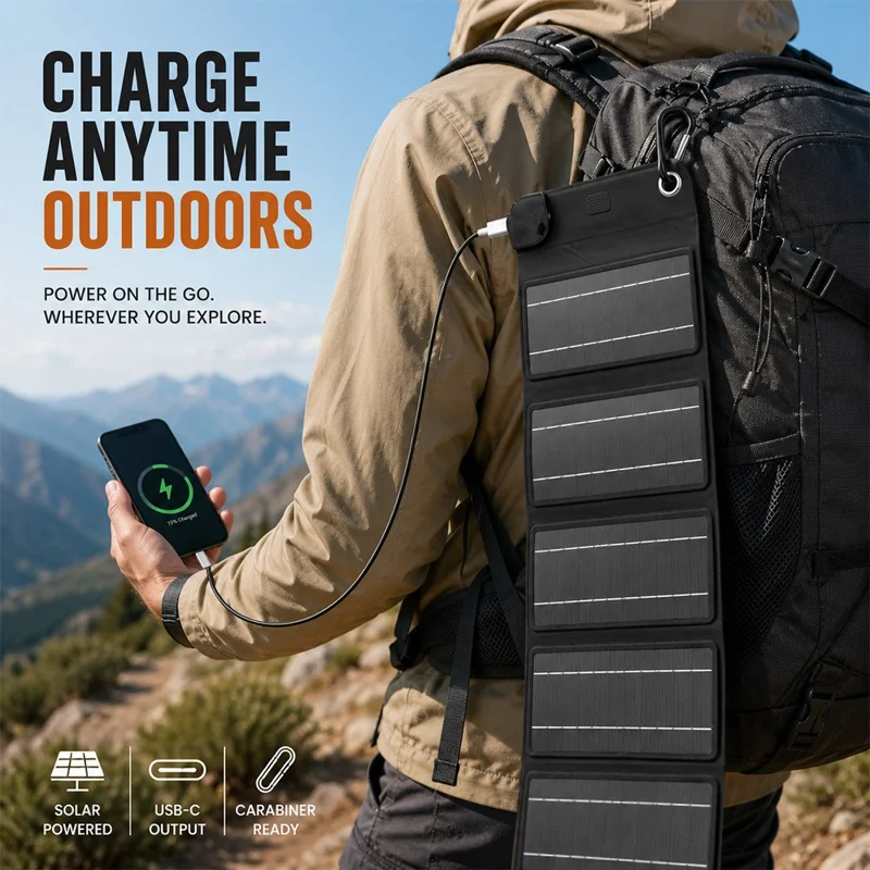 12W Solar Panel Charger 5-Fold Portable Solar Power Bank with USB-C Output for Outdoor Camping - Black