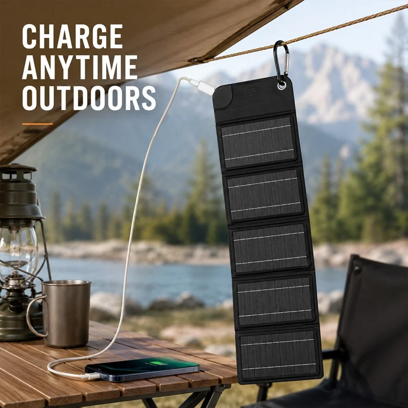 12W Solar Panel Charger 5-Fold Portable Solar Power Bank with USB-C Output for Outdoor Camping - Black