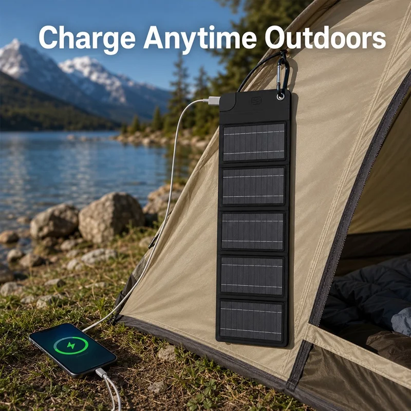 12W Solar Panel Charger 5-Fold Portable Solar Power Bank with USB-C Output for Outdoor Camping - Black