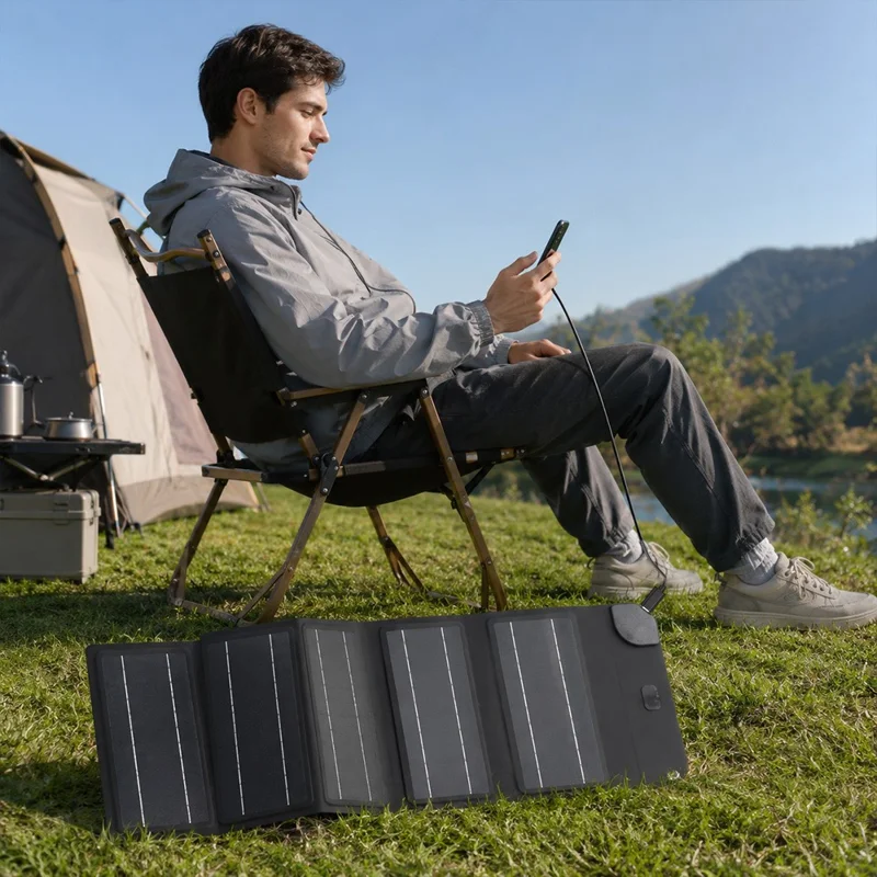 12W Solar Panel Charger 5-Fold Portable Solar Power Bank with USB-C Output for Outdoor Camping - Black