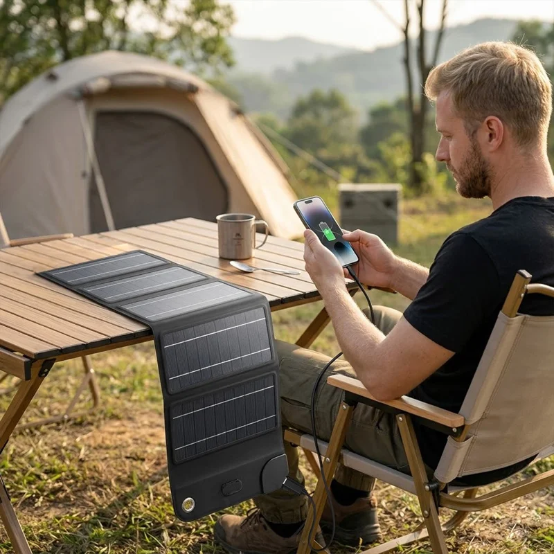12W Solar Panel Charger 5-Fold Portable Solar Power Bank with USB-C Output for Outdoor Camping - Black