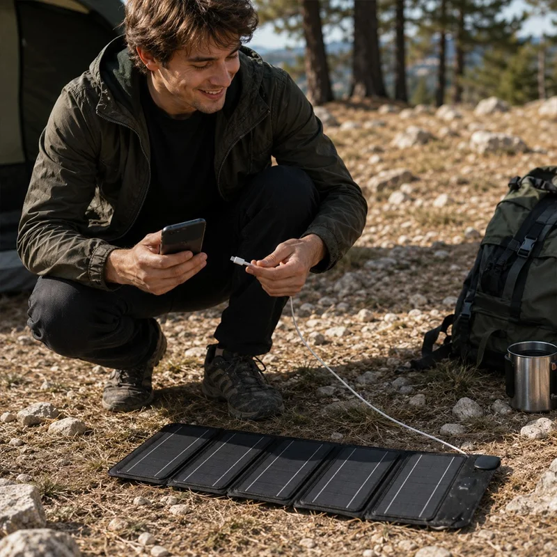 12W Solar Panel Charger 5-Fold Portable Solar Power Bank with USB-C Output for Outdoor Camping - Black