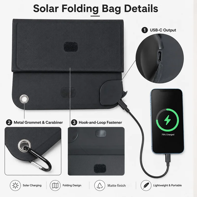 12W Solar Panel Charger 5-Fold Portable Solar Power Bank with USB-C Output for Outdoor Camping - Black