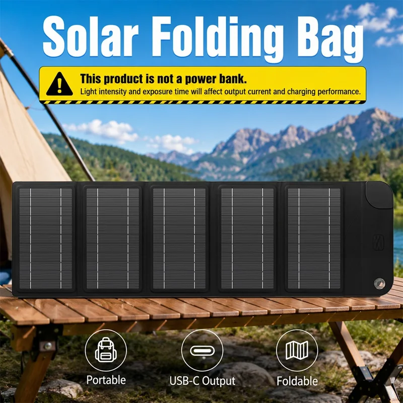 12W Solar Panel Charger 5-Fold Portable Solar Power Bank with USB-C Output for Outdoor Camping - Black