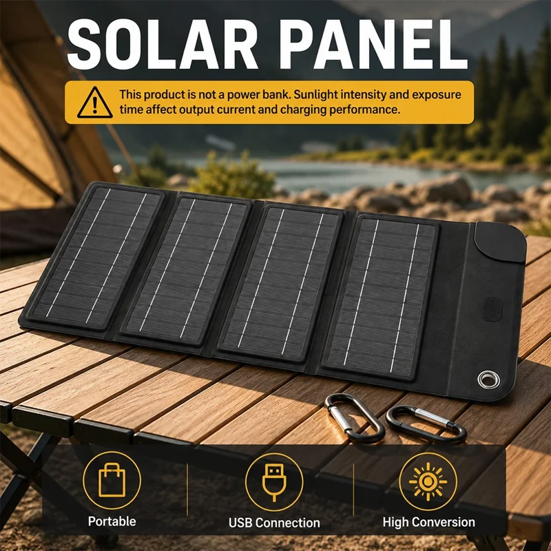 10W Solar Panel Charger 4-Fold Portable Power Bank with USB-C Output for Outdoor Camping - Black