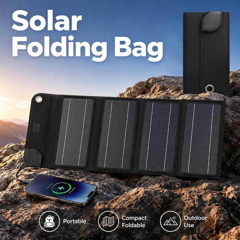 10W Solar Panel Charger 4-Fold Portable Power Bank with USB-C Output for Outdoor Camping - Black