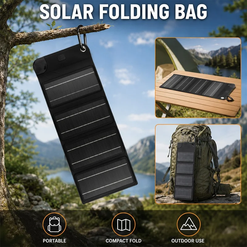 10W Solar Panel Charger 4-Fold Portable Power Bank with USB-C Output for Outdoor Camping - Black