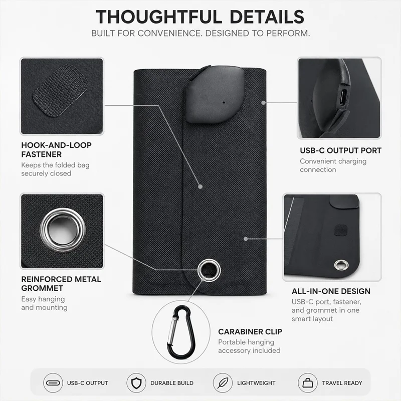 10W Solar Panel Charger 4-Fold Portable Power Bank with USB-C Output for Outdoor Camping - Black
