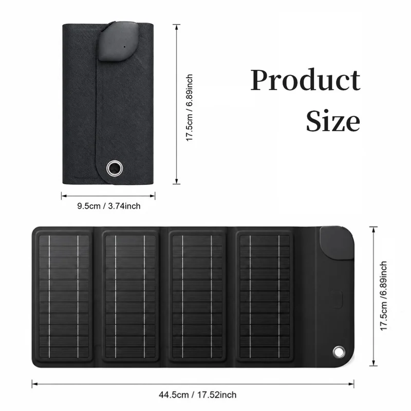 10W Solar Panel Charger 4-Fold Portable Power Bank with USB-C Output for Outdoor Camping - Black