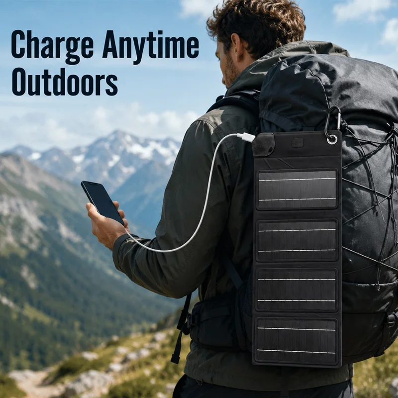 10W Solar Panel Charger 4-Fold Portable Power Bank with USB-C Output for Outdoor Camping - Black