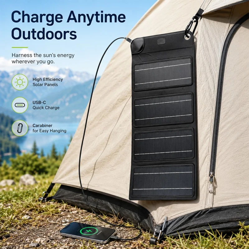 10W Solar Panel Charger 4-Fold Portable Power Bank with USB-C Output for Outdoor Camping - Black