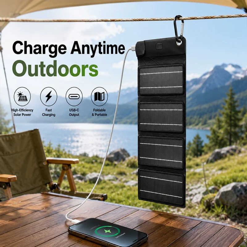 10W Solar Panel Charger 4-Fold Portable Power Bank with USB-C Output for Outdoor Camping - Black