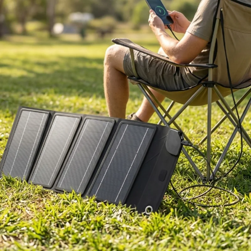 10W Solar Panel Charger 4-Fold Portable Power Bank with USB-C Output for Outdoor Camping - Black