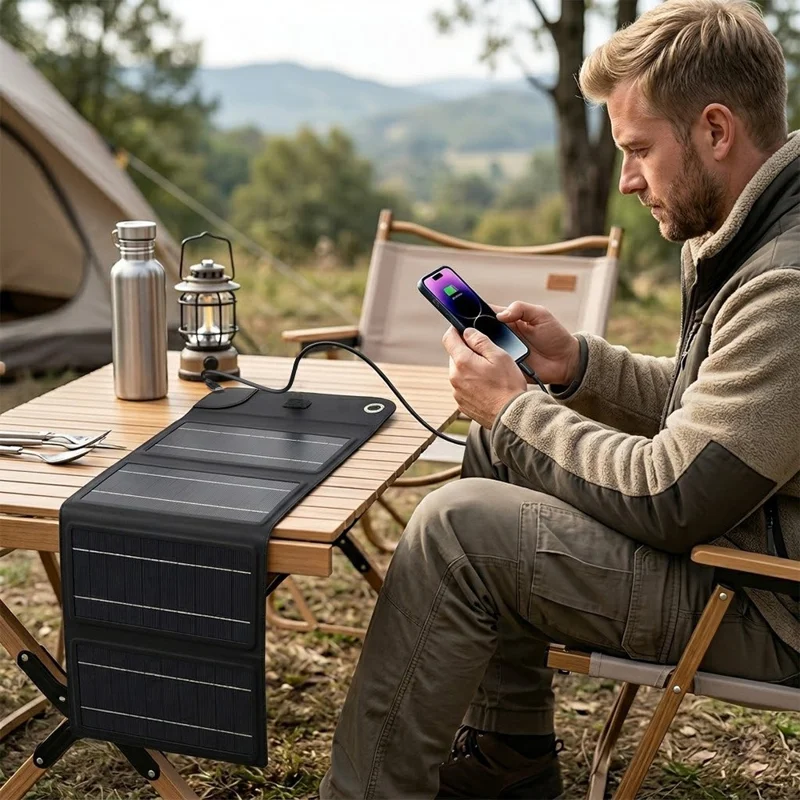 10W Solar Panel Charger 4-Fold Portable Power Bank with USB-C Output for Outdoor Camping - Black