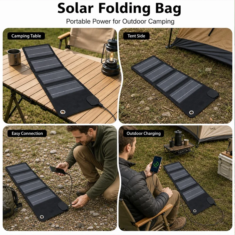 10W Solar Panel Charger 4-Fold Portable Power Bank with USB-C Output for Outdoor Camping - Black