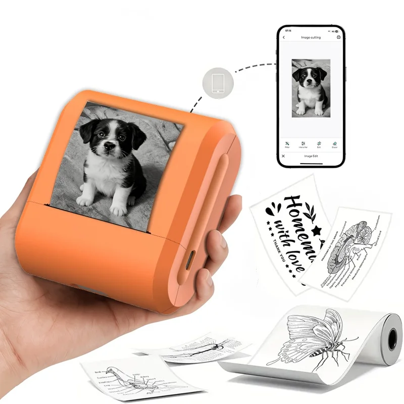 X7 Bluetooth-compatible Pocket Thermal Printer Inkless 200DPI Mini Printing Machine for Labels Photos Stickers - Orange
