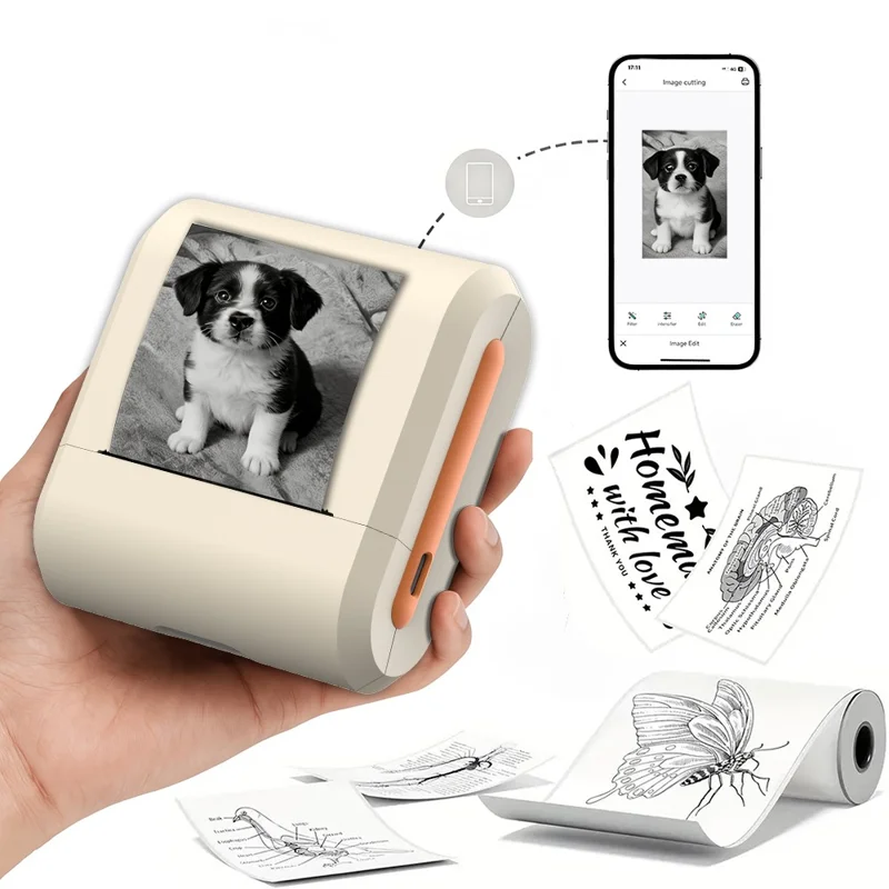 X7 Bluetooth-compatible Pocket Thermal Printer Inkless 200DPI Mini Printing Machine for Labels Photos Stickers - Beige