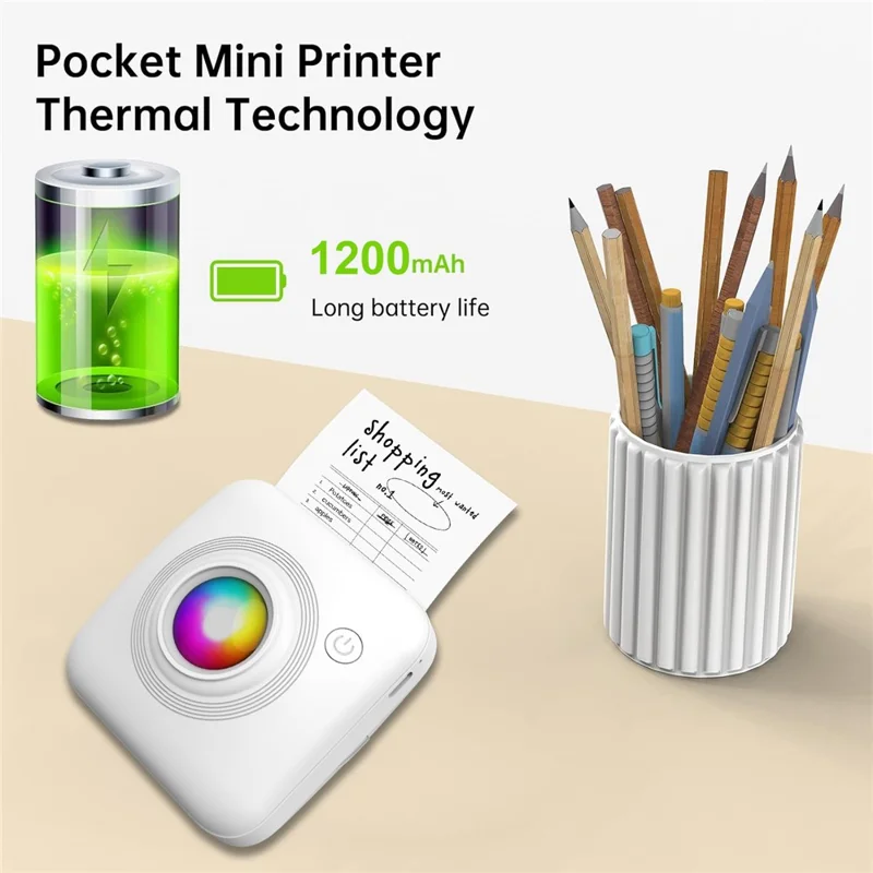 Мини-портативный термопринтер X3 с Bluetooth, 200 DPI, бесчернильный принтер с RGB-подсветкой для учебных заметок — белый