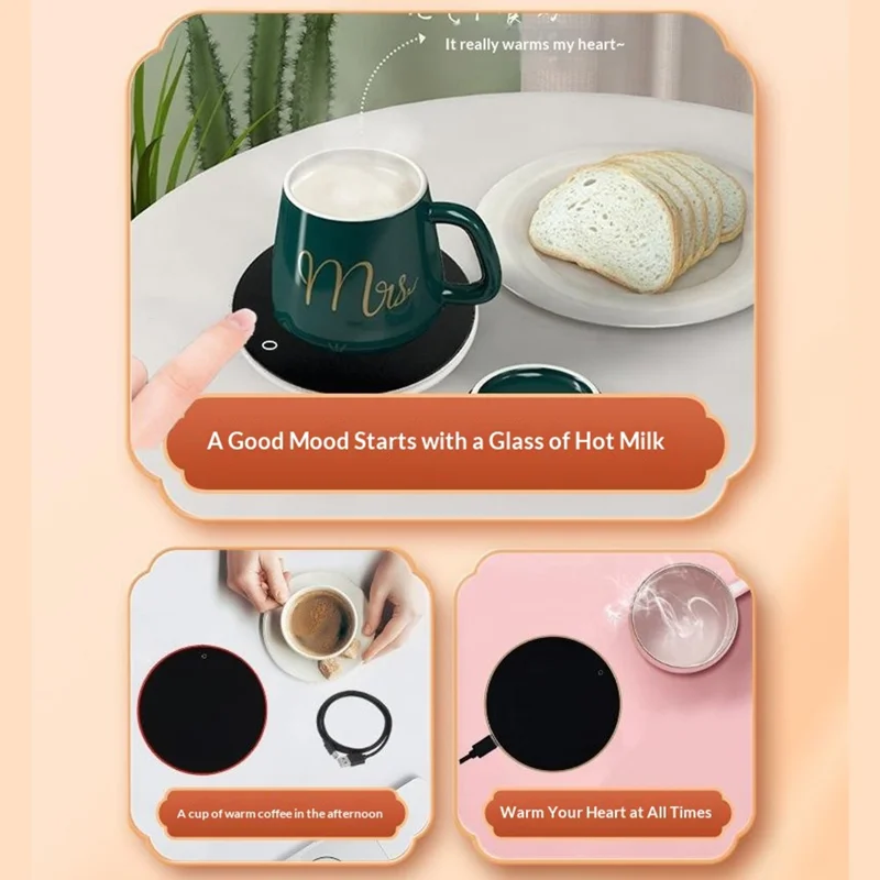 RY-010 USB Heating Cup Warmer Pad Coaster 3 Speed Touch Control Smart Temperature Coffee Mug Warmer - Silver