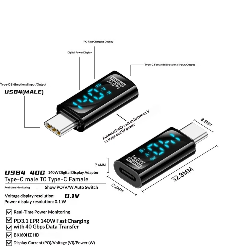 CF / CM-140W-40Gb-SX Digital Display USB4 Type-C Male to Female PD 140W Fast Charging 8K / 60Hz 40Gbps Data Transfer Adapter - Black