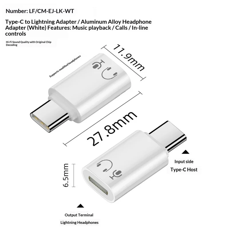 LF / CM-EJ-LK iP Female to USB-C Male Audio Adapter Aluminum Alloy Headphone Converter for iPhone iPad - White
