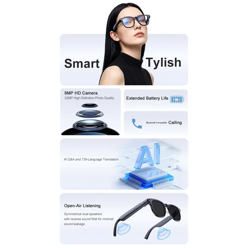 A2C Smart Glasses 8MP Camera AI Translation Bluetooth-compatible 6.0 EIS Stabilization with Dual Lens (Sunglasses + Clear Lens)
