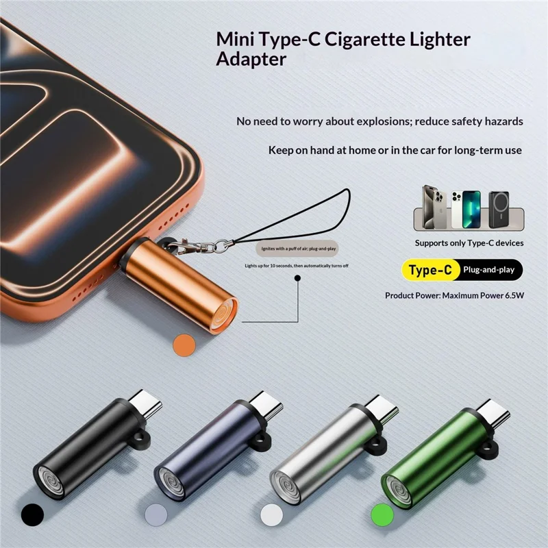 169 Air-Powered Type-C Cigarette Lighter Adapter 6.5W Windproof Flame-Free for Outdoor Travel - Orange