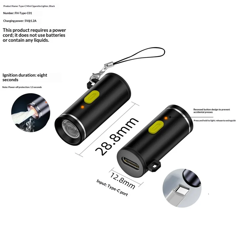 FH-Type-C01 Type-C Powered Arc Lighter Portable Windproof Electric Cigarette Lighter - Black