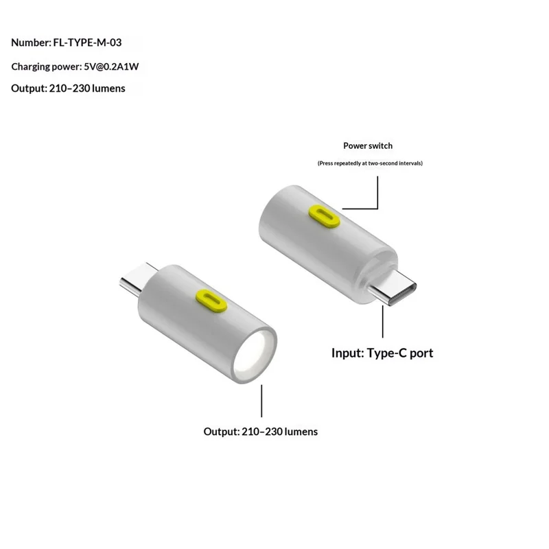 FL-TYPE Plug and Play Type-C Mini Flashlight 210-230 Lumens Battery-Free for Outdoor Camping - Type-C Male / White