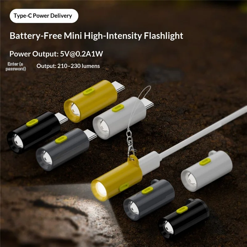 FL-TYPE Plug and Play Type-C Mini Flashlight 210-230 Lumens Battery-Free for Outdoor Camping - Type-C Male / White