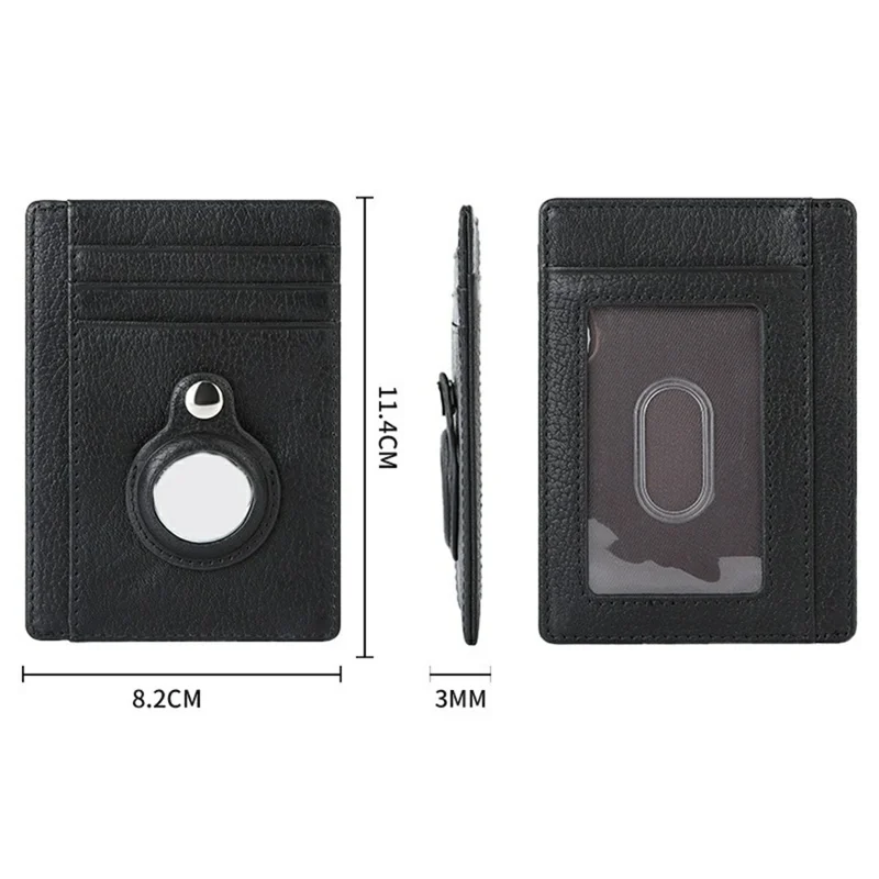 Kartenetui RFID-Schutz Erste Schicht Rindsleder Kartenwallet für AirTag Tracker mit 2 Stück Schutzfolie - Schwarz
