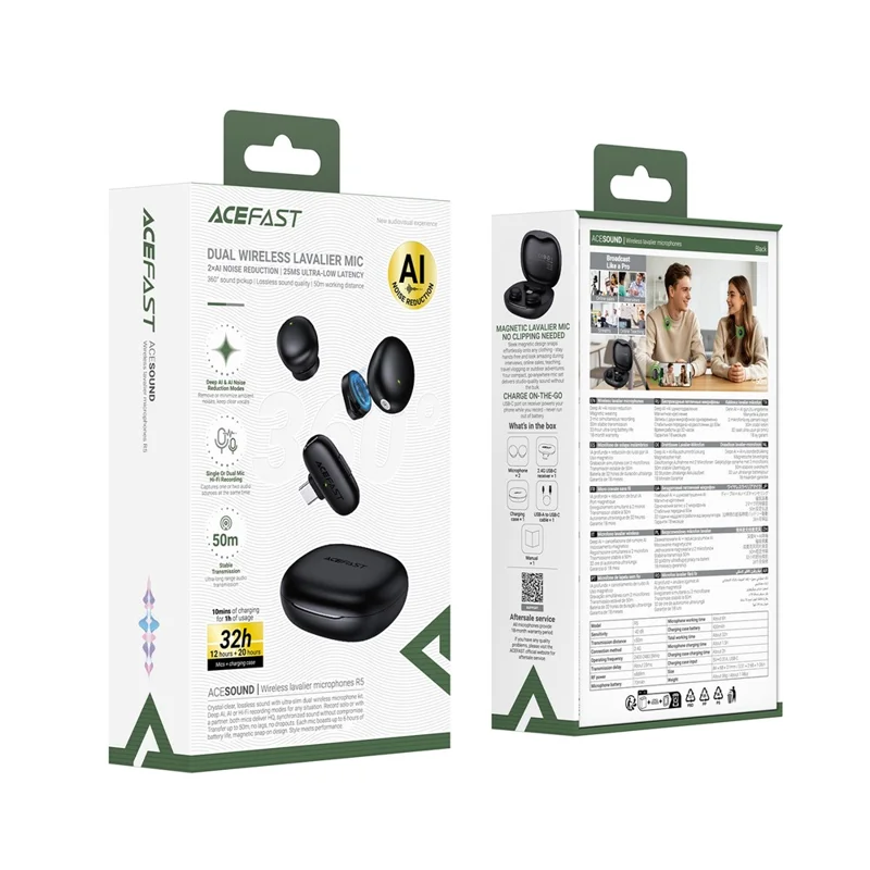 ACEFAST R5 2Pcs Wireless Lavalier Microphone Noise Reduction Mic with Receiver - Black