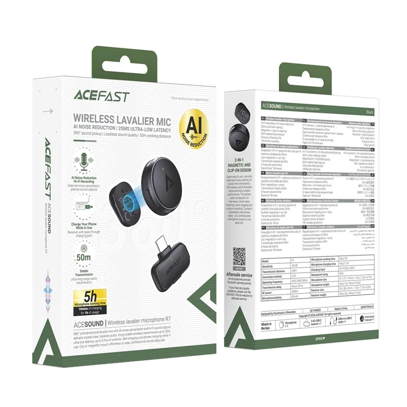 Беспроводной лацериновый микрофон ACEFAST R7 с функцией шумоподавления на базе ИИ, магнитный прищепка, для прямых трансляций — черный