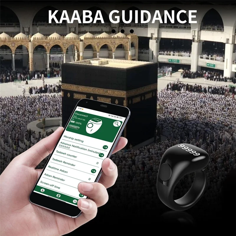 D02 Tasbih Zikr Anel Inteligente com Contador Digital Impermeável de 5 Dígitos com Lembrete de Adhan - Preto