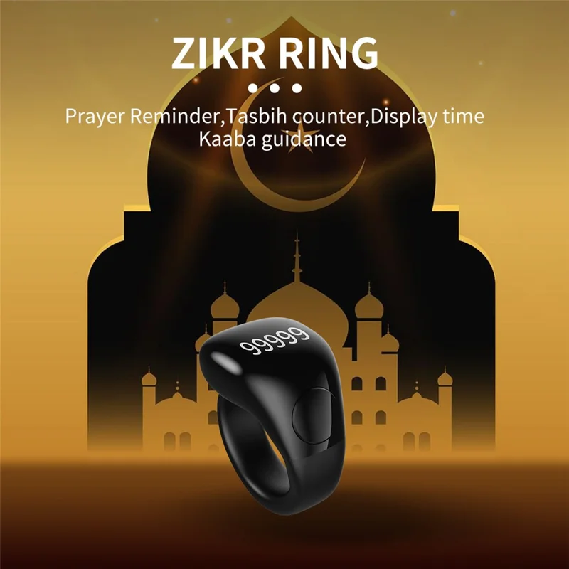 D02 Tasbih Zikr Anel Inteligente com Contador Digital Impermeável de 5 Dígitos com Lembrete de Adhan - Preto