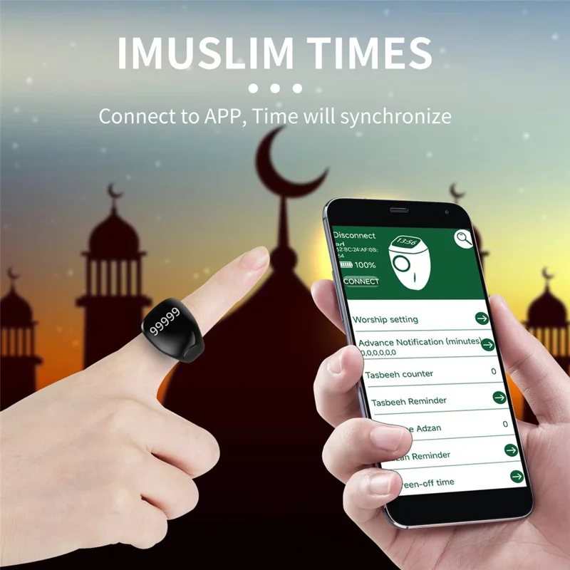 D02 Tasbih Zikr Anel Inteligente com Contador Digital Impermeável de 5 Dígitos com Lembrete de Adhan - Preto
