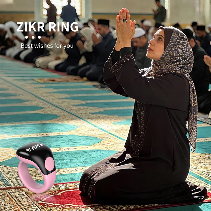 D02 Tasbih Zikr Anel Inteligente com Contador Digital Impermeável de 5 Dígitos com Lembrete de Adhan - Preto