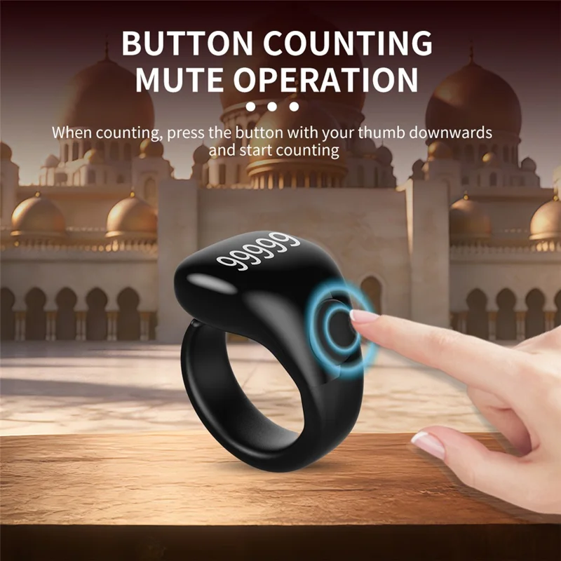 D02 Tasbih Zikr Anel Inteligente com Contador Digital Impermeável de 5 Dígitos com Lembrete de Adhan - Preto