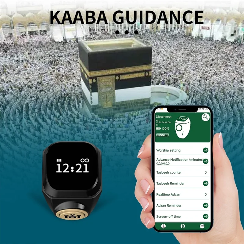 18mm Tasbih Zikr Smart Ring Bluetooth-compatible Digital Counter with Azan Alarm Prayer Reminder - Black