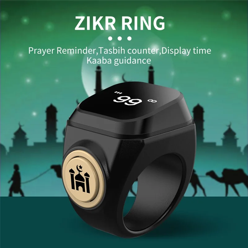 18mm Tasbih Zikr Smart Ring Bluetooth-compatible Digital Counter with Azan Alarm Prayer Reminder - Black
