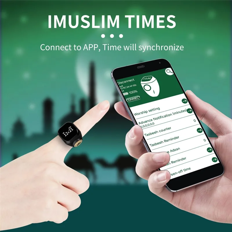 18mm Tasbih Zikr Smart Ring Bluetooth-compatible Digital Counter with Azan Alarm Prayer Reminder - Black