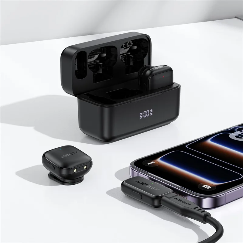 ACEFAST R6 Microfono Lavalier Wireless Dual con Riduzione del Rumore AI, Pickup a 360°, Bassa Latenza 25ms - Nero
