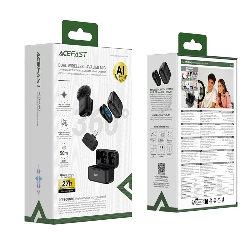 ACEFAST R6 Microfono Lavalier Wireless Dual con Riduzione del Rumore AI, Pickup a 360°, Bassa Latenza 25ms - Nero