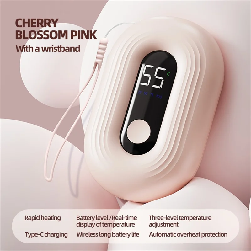 Réchauffeur de mains N12 1200 mAh, affichage numérique LED, 3 niveaux de température, chauffage rapide USB Type-C - Rose