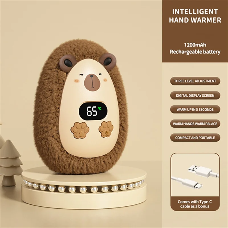 N10 Chauffe-Mains en Peluche de Dessin Animé 1200 mAh Affichage Numérique 3 Vitesses, Chauffage Portable à Emporter - Capybara